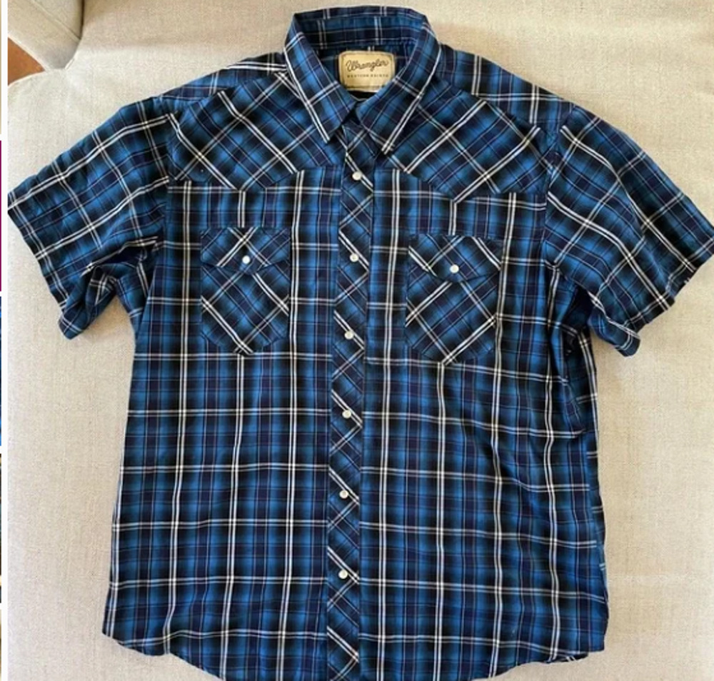 Wrangler Western Wear Pearl Snap Button Up Short Sleeve Shirt Blue Plaid 2XL